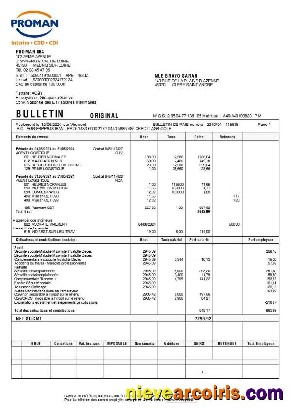 Proman recrutement payslip (in French language) version 2